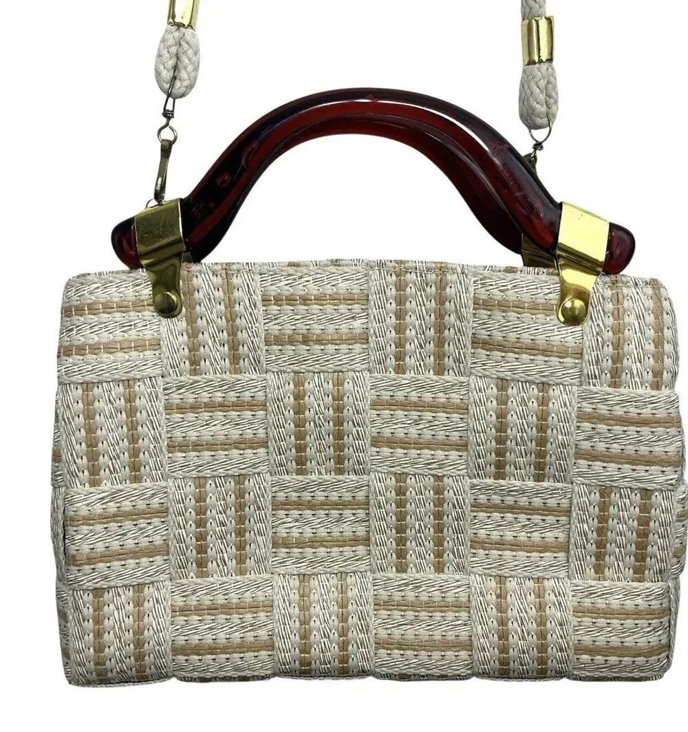 Vtg Handbag Purse Woven Purse Lucite Handles Made In Italy NWT Bohemian Neutral